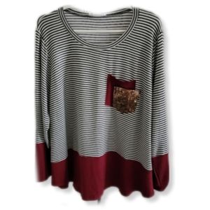 Moa Moa 1x FINE AS WINE LONG SLEEVE TOP W/SEQUIN POCKET - BURGUNDY New